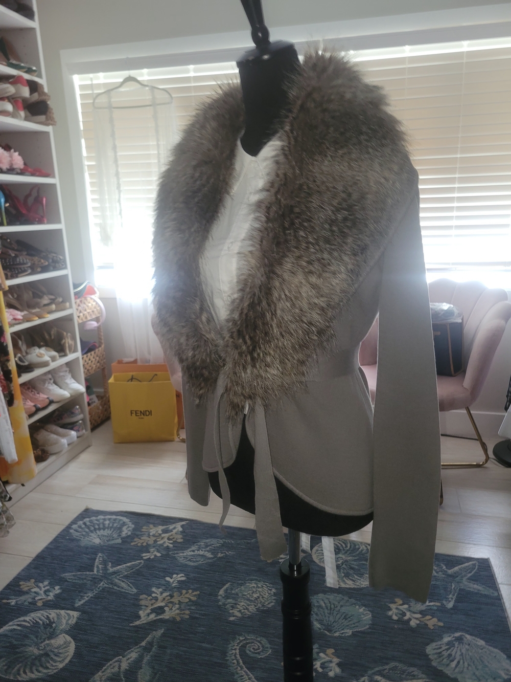 New York & Company Gray Trench Coat with Faux Fur Shawl Collar